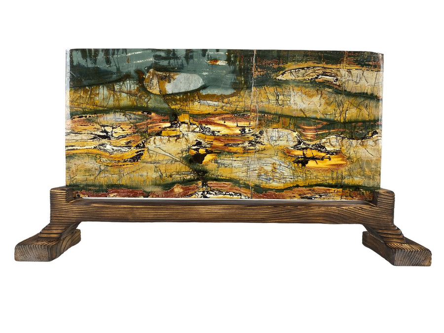 Picture Jasper Natural Stone | Vivid Colors, Unique Patterns | Reflecting Forests, Water Scenes, Lakes, Bays | Double-Sided Beauty with Custom Wood Base