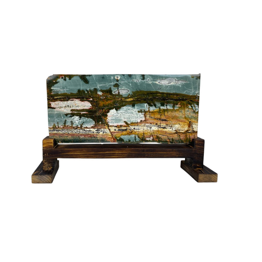 Picture Jasper Stone | Vivid Colors, Unique Patterns/Reflecting Forests, Water Scenes, Lakes, Bays/Double-Sided Beauty with Custom Wood Base