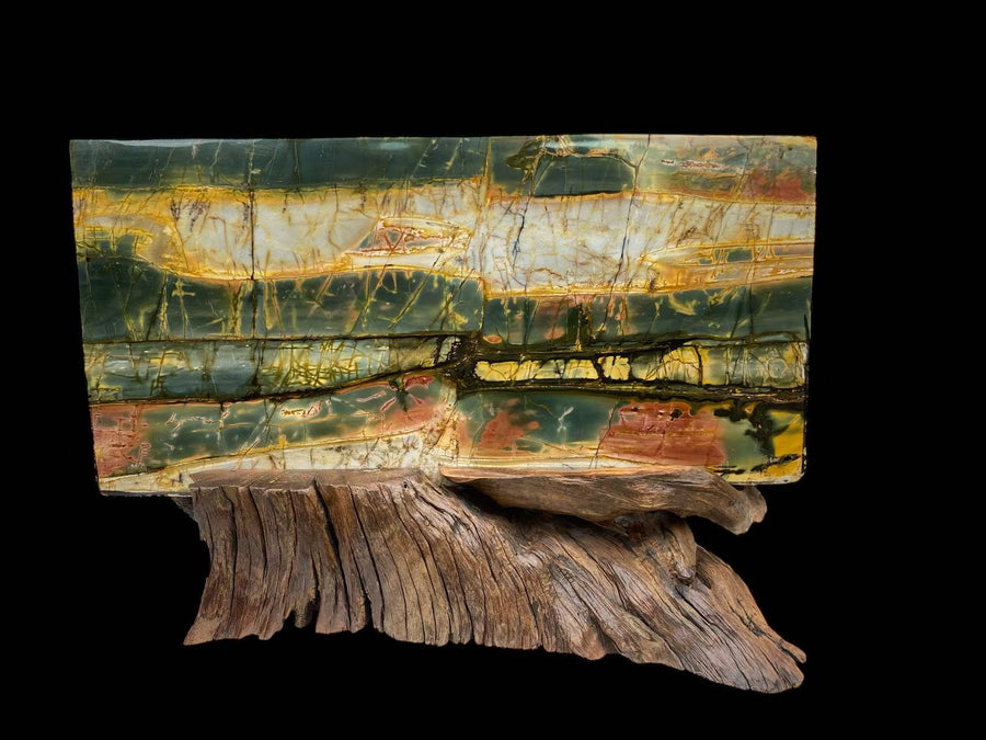(SOLD) Picture Jasper | Gangnam Style, Double-sided Jasper, natural viewing stone, customized solid wood base, Unique color and pattern